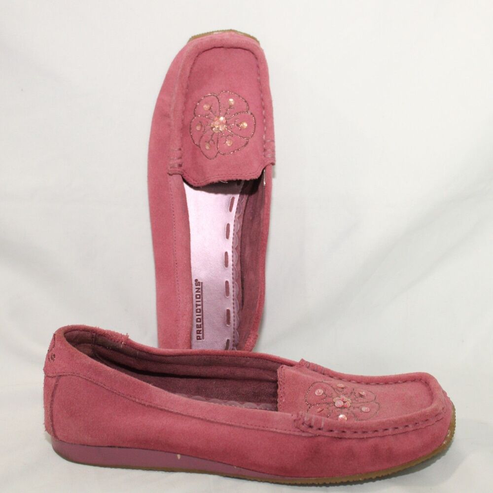 Predictions Women's Pink Suede Flats Loafers Size 8.5 Bead Fower Embellishment